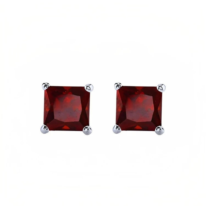 Paris Jewelry 18k White Gold 2 Pair Created Garnet 6mm Round and Princess Cut Stud Earrings Plated Image 3