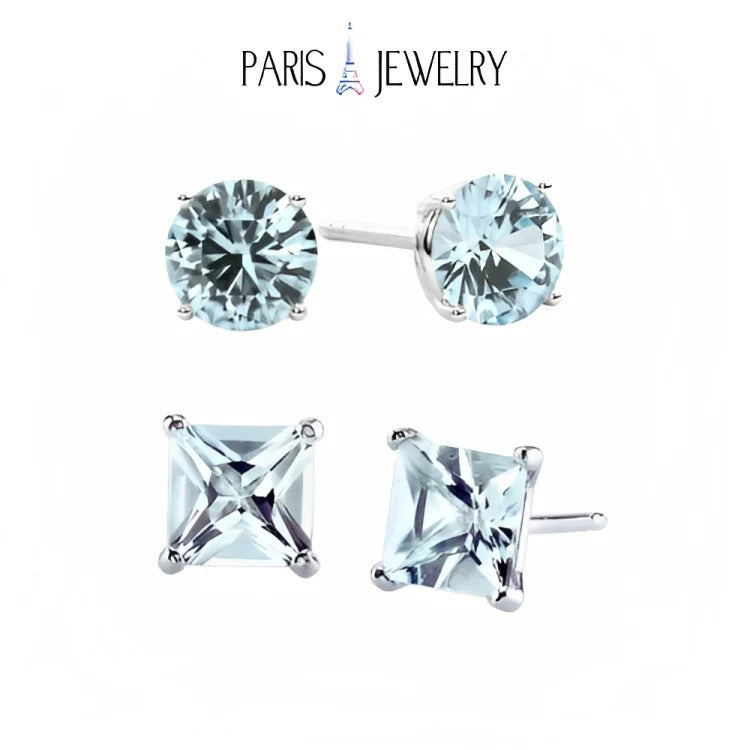 Paris Jewelry 18k White Gold 2 Pair Created Aquamarine 6mm Round and Princess Cut Stud Earrings Plated Image 1