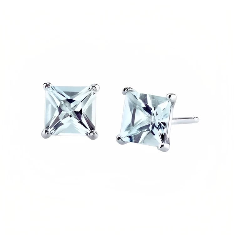 Paris Jewelry 18k White Gold 2 Pair Created Aquamarine 6mm Round and Princess Cut Stud Earrings Plated Image 4