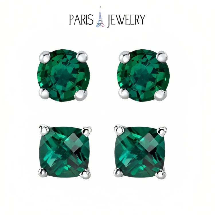 Paris Jewelry 18k White Gold 2 Pair Created Emerald 6mm Round and Princess Cut Stud Earrings Plated Image 1