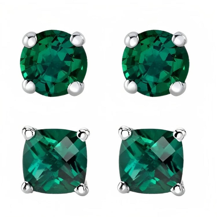 Paris Jewelry 18k White Gold 2 Pair Created Emerald 6mm Round and Princess Cut Stud Earrings Plated Image 2