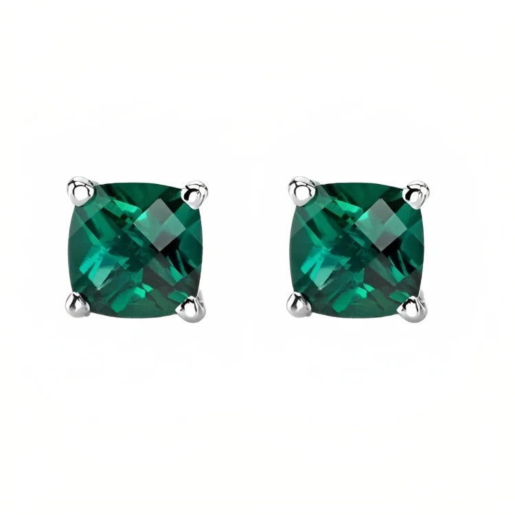 Paris Jewelry 18k White Gold 2 Pair Created Emerald 6mm Round and Princess Cut Stud Earrings Plated Image 3