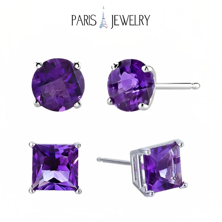 Paris Jewelry 18k White Gold 2 Pair Created Amethyst 6mm Round and Princess Cut Stud Earrings Plated Image 1