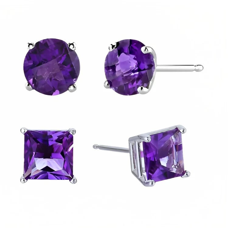 Paris Jewelry 18k White Gold 2 Pair Created Amethyst 6mm Round and Princess Cut Stud Earrings Plated Image 2