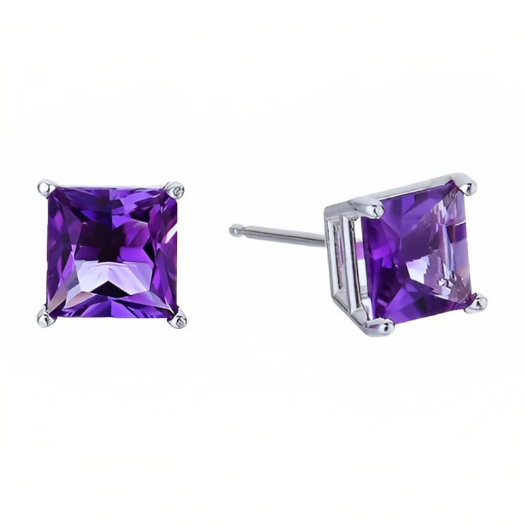 Paris Jewelry 18k White Gold 2 Pair Created Amethyst 6mm Round and Princess Cut Stud Earrings Plated Image 4