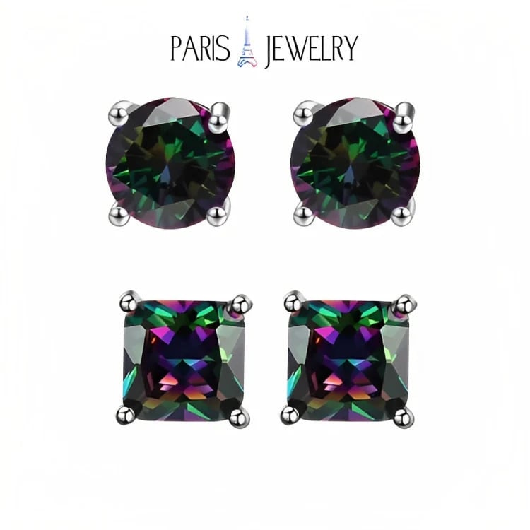 Paris Jewelry 18k White Gold 2 Pair Created Mystic 6mm Round and Princess Cut Stud Earrings Plated Image 1