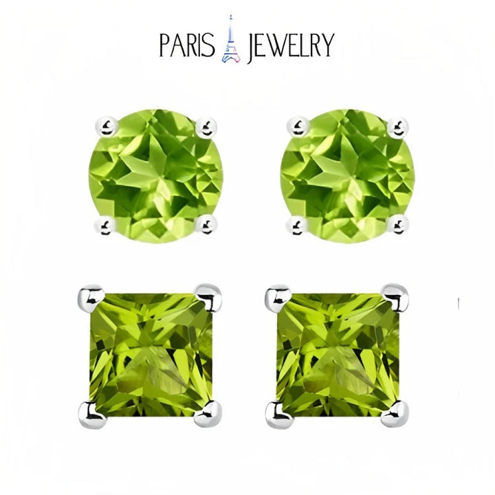 Paris Jewelry 18k White Gold 2 Pair Created Peridot 6mm Round and Princess Cut Stud Earrings Plated Image 1