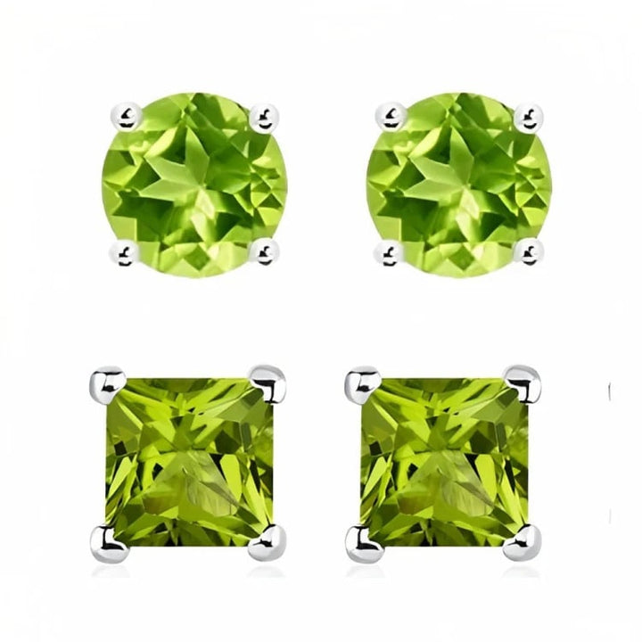 Paris Jewelry 18k White Gold 2 Pair Created Peridot 6mm Round and Princess Cut Stud Earrings Plated Image 2