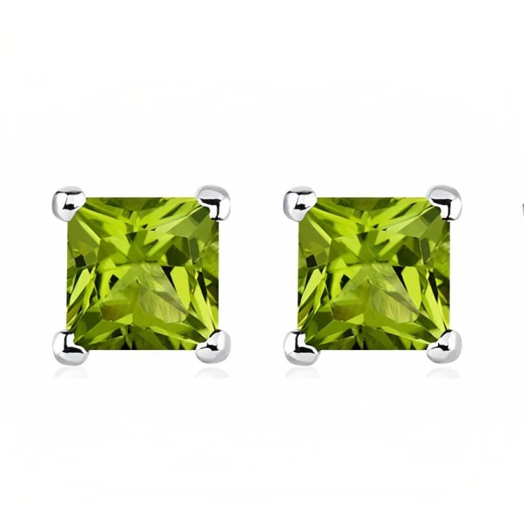 Paris Jewelry 18k White Gold 2 Pair Created Peridot 6mm Round and Princess Cut Stud Earrings Plated Image 4