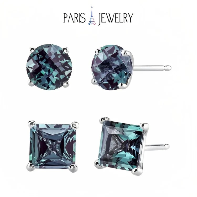 Paris Jewelry 18k White Gold 2 Pair Created Alexandrite 6mm Round and Princess Cut Stud Earrings Plated Image 1