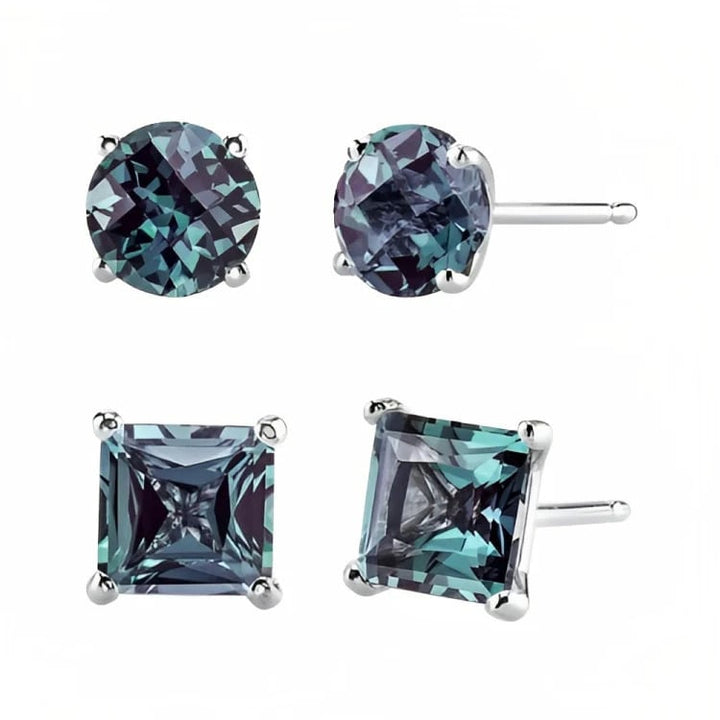 Paris Jewelry 18k White Gold 2 Pair Created Alexandrite 6mm Round and Princess Cut Stud Earrings Plated Image 2