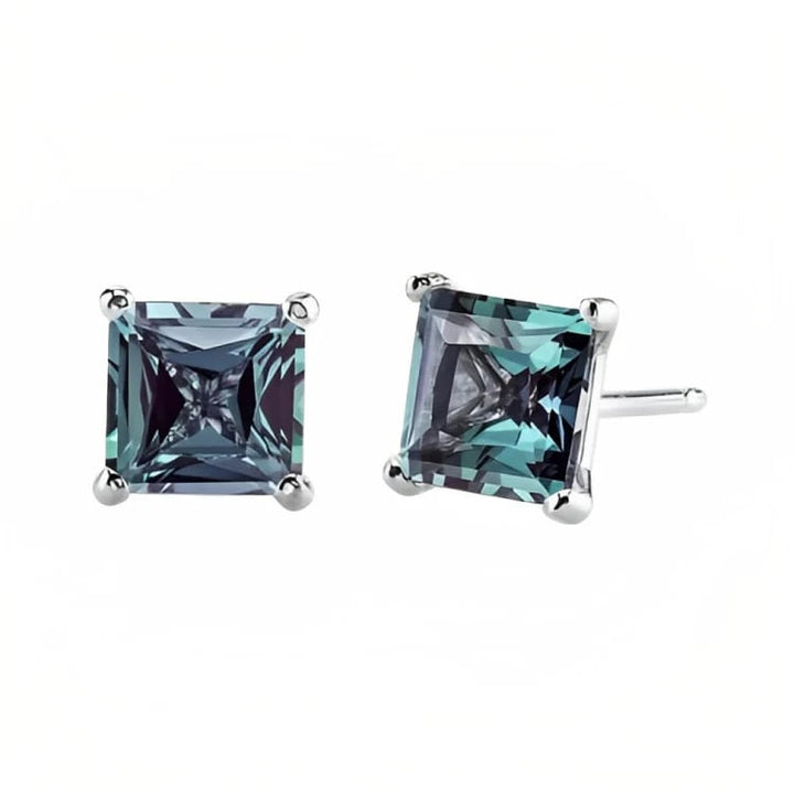 Paris Jewelry 18k White Gold 2 Pair Created Alexandrite 6mm Round and Princess Cut Stud Earrings Plated Image 3