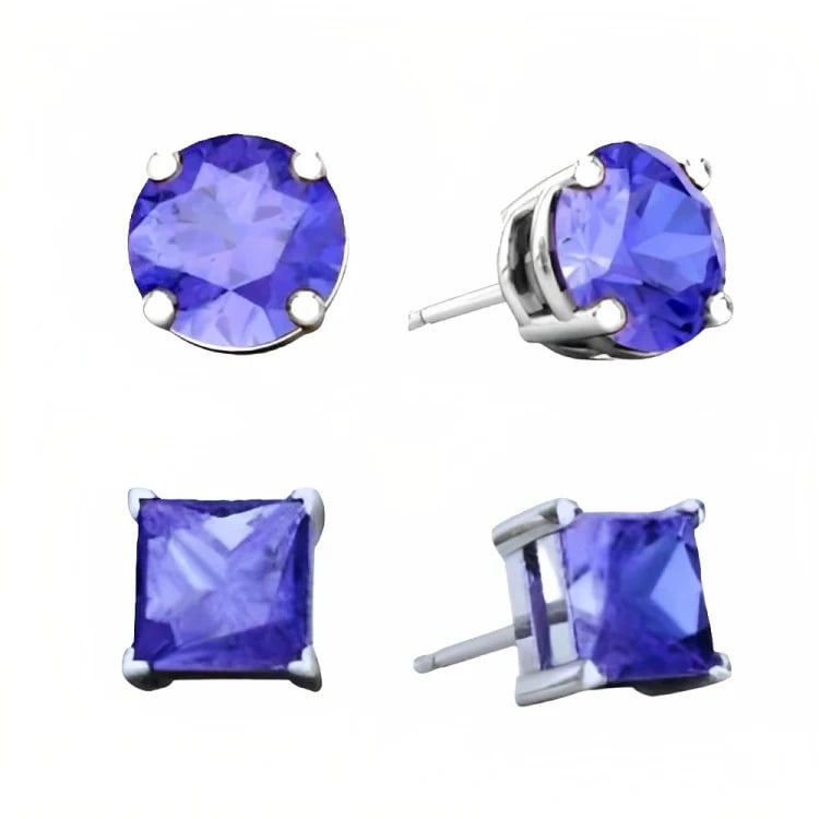 Paris Jewelry 18k White Gold 2 Pair Created Tanzanite 6mm Round and Princess Cut Stud Earrings Plated Image 2