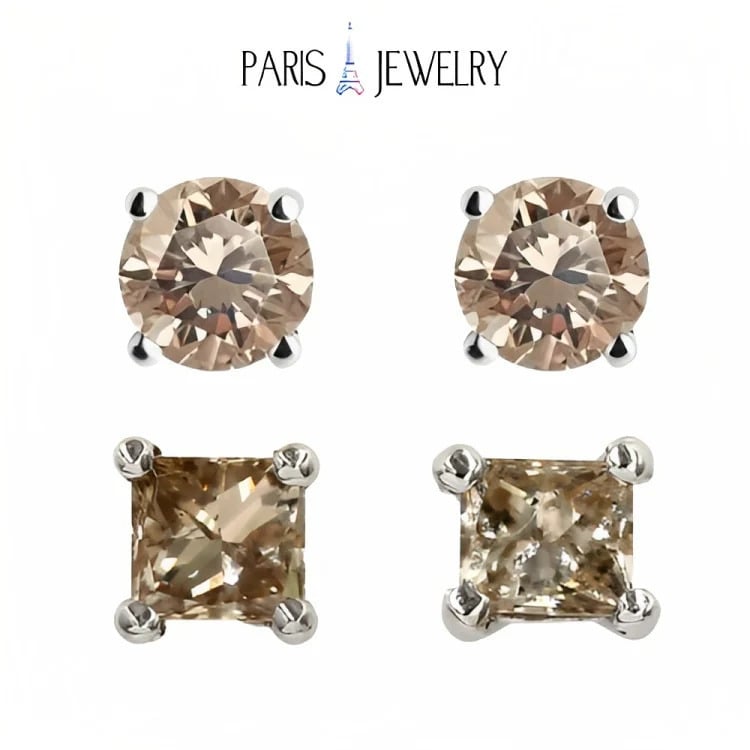 Paris Jewelry 18k White Gold 2 Pair Created Champagne 6mm Round and Princess Cut Stud Earrings Plated Image 1