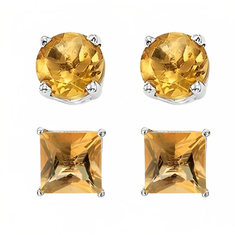 Paris Jewelry 18k White Gold 2 Pair Created Citrine 6mm Round and Princess Cut Stud Earrings Plated Image 2