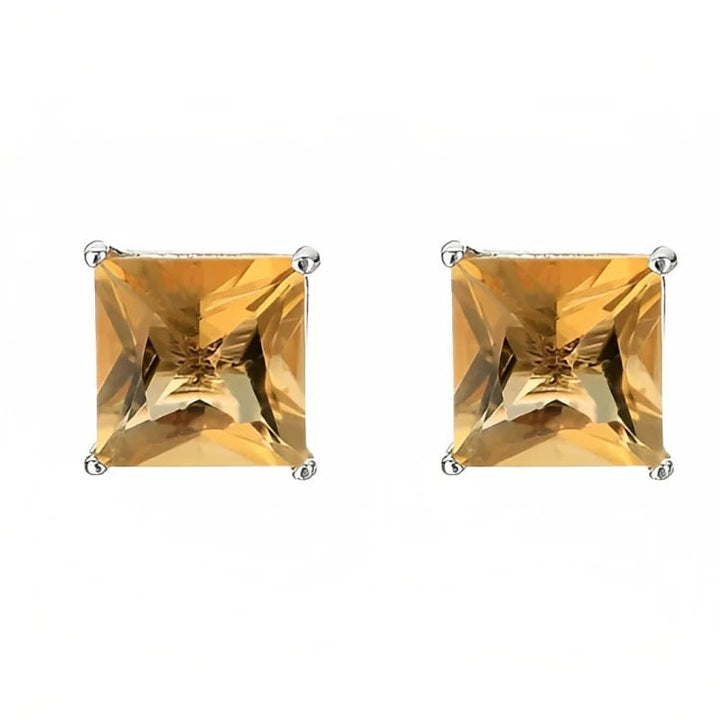 Paris Jewelry 18k White Gold 2 Pair Created Citrine 6mm Round and Princess Cut Stud Earrings Plated Image 4