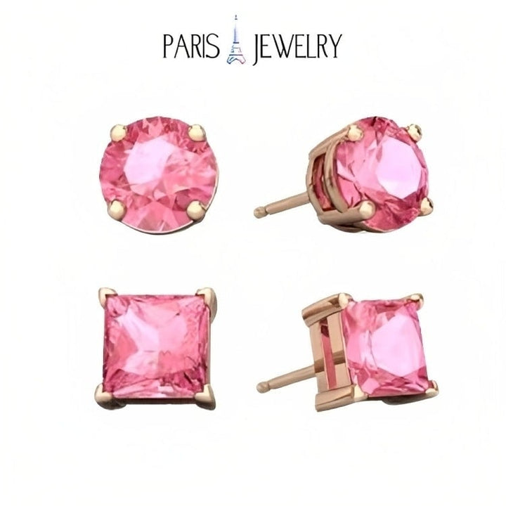 Paris Jewelry 18k Rose Gold 2 Pair Created Pink Sapphire 4mm Round and Princess Cut Stud Earrings Plated Image 1