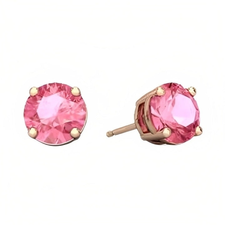 Paris Jewelry 18k Rose Gold 2 Pair Created Pink Sapphire 4mm Round and Princess Cut Stud Earrings Plated Image 2