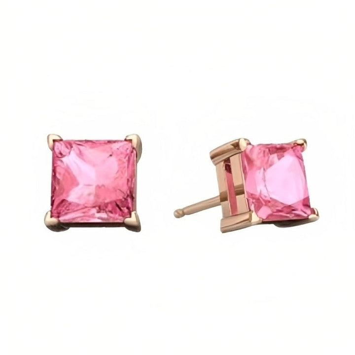 Paris Jewelry 18k Rose Gold 2 Pair Created Pink Sapphire 4mm Round and Princess Cut Stud Earrings Plated Image 3