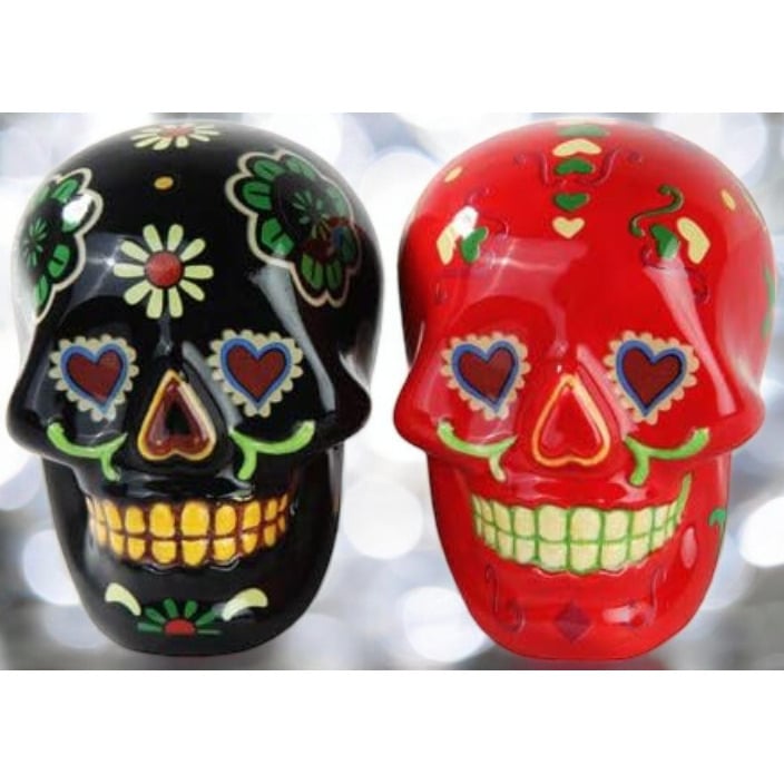 Ceramic Black and Red Day of the Dead Skulls Salt and Pepper Shakers Mexican Culture Mexican , Image 1