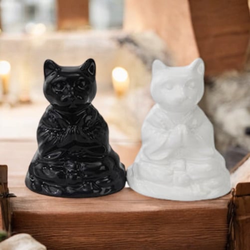 Ceramic Black and White Buddha Cats Buddhism Decor , Image 1