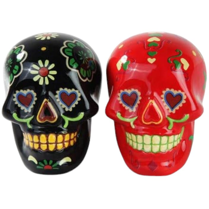 Ceramic Black and Red Day of the Dead Skulls Salt and Pepper Shakers Mexican Culture Mexican , Image 2