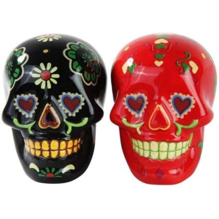 Ceramic Black and Red Day of the Dead Skulls Salt and Pepper Shakers Mexican Culture Mexican , Image 3