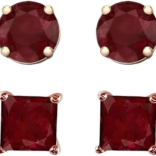 Paris Jewelry 18k Rose Gold 2 Pair Created Ruby 4mm Round and Princess Cut Stud Earrings Plated Image 1