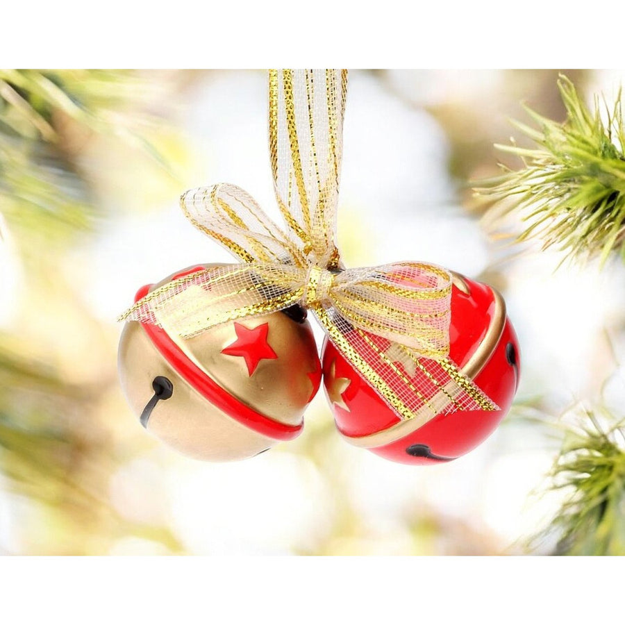 Ceramic Red and Gold Christmas Tree Ornament Bells with Gold Ribbon, Image 1