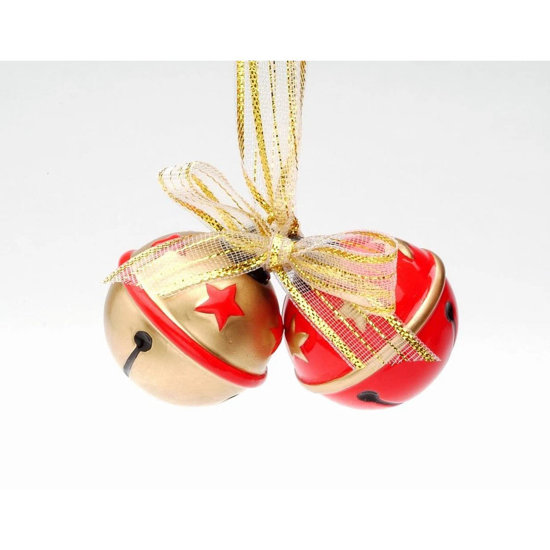 Ceramic Red and Gold Christmas Tree Ornament Bells with Gold Ribbon, Image 3