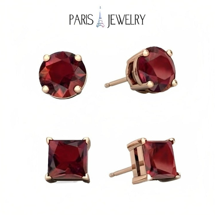 Paris Jewelry 18k Rose Gold 2 Pair Created Garnet 4mm Round and Princess Cut Stud Earrings Plated Image 1