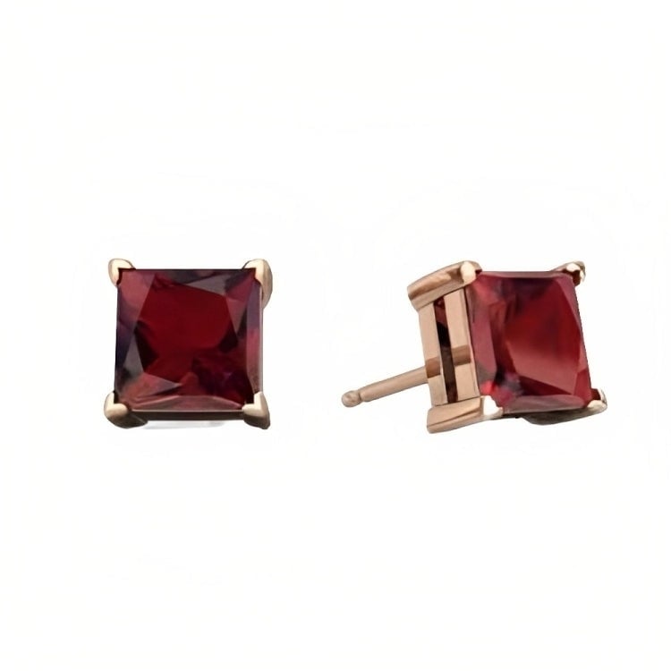 Paris Jewelry 18k Rose Gold 2 Pair Created Garnet 4mm Round and Princess Cut Stud Earrings Plated Image 3