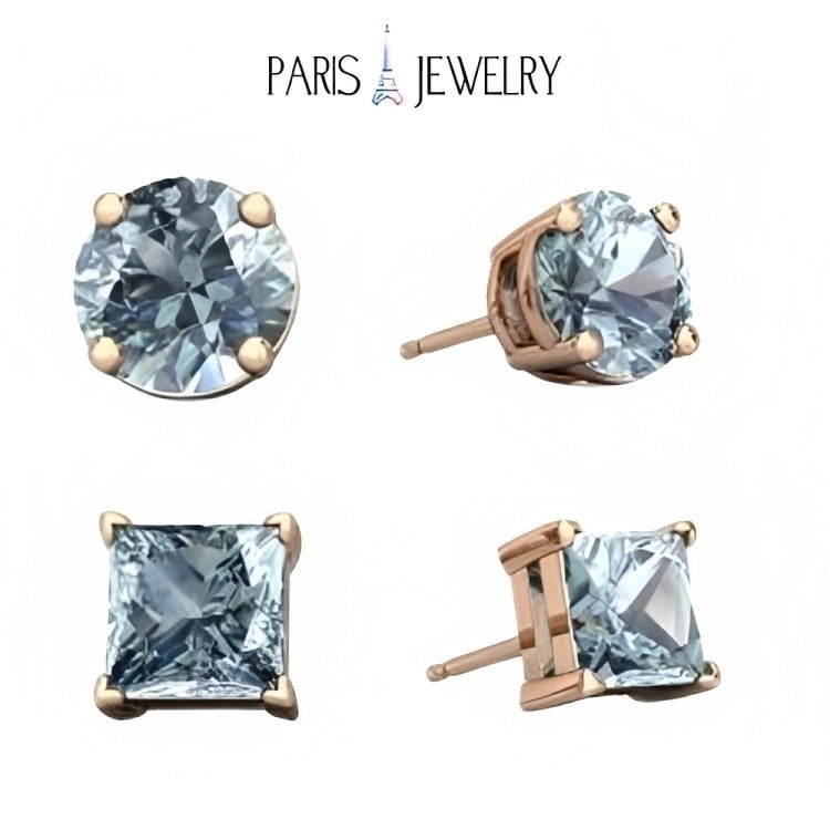 Paris Jewelry 18k Rose Gold 2 Pair Created Aquamarine 4mm Round and Princess Cut Stud Earrings Plated Image 1