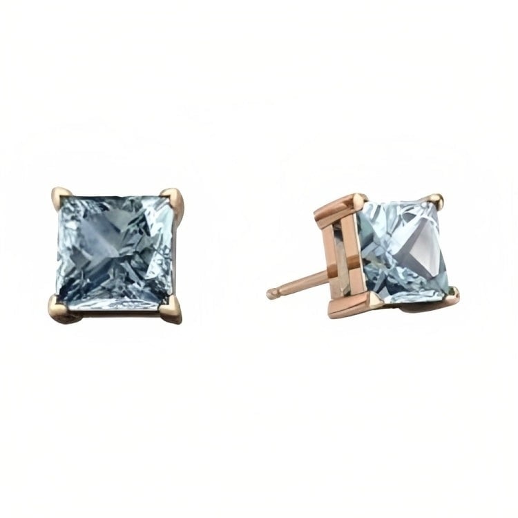 Paris Jewelry 18k Rose Gold 2 Pair Created Aquamarine 4mm Round and Princess Cut Stud Earrings Plated Image 2