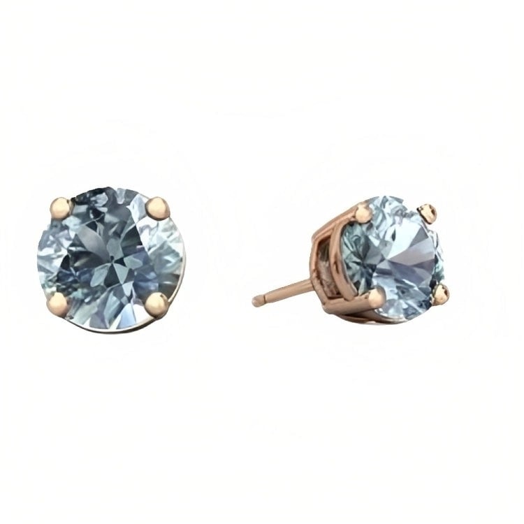 Paris Jewelry 18k Rose Gold 2 Pair Created Aquamarine 4mm Round and Princess Cut Stud Earrings Plated Image 3