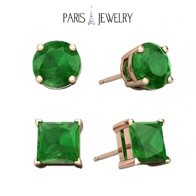 Paris Jewelry 18k Rose Gold 2 Pair Created Emerald 4mm Round and Princess Cut Stud Earrings Plated Image 1