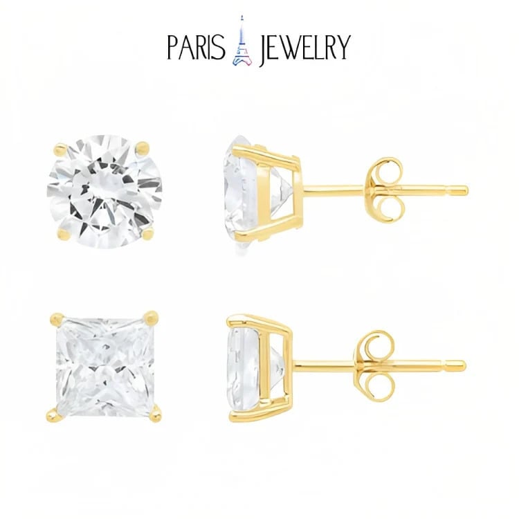 Paris Jewelry 18k Yellow Gold 2 Pair Created White Sapphire 6mm Round and Princess Cut Stud Earrings Plated Image 1