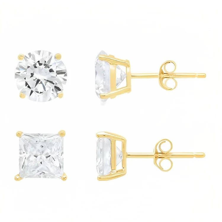 Paris Jewelry 18k Yellow Gold 2 Pair Created White Sapphire 6mm Round and Princess Cut Stud Earrings Plated Image 2