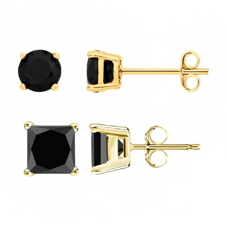 Paris Jewelry 18k Yellow Gold 2 Pair Created Black Sapphire 6mm Round and Princess Cut Stud Earrings Plated Image 2