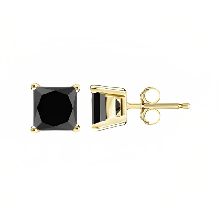 Paris Jewelry 18k Yellow Gold 2 Pair Created Black Sapphire 6mm Round and Princess Cut Stud Earrings Plated Image 4