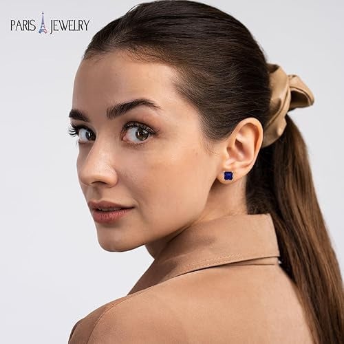 Paris Jewelry 18k Yellow Gold 2 Pair Created Blue Sapphire 6mm Round and Princess Cut Stud Earrings Plated Image 4