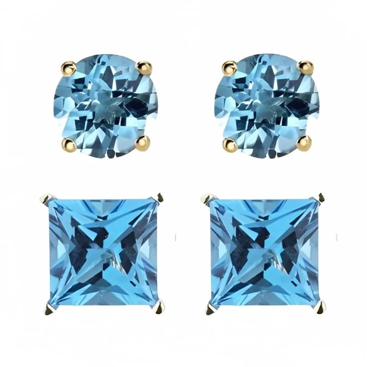 Paris Jewelry 18k Yellow Gold 2 Pair Created Blue Topaz 6mm Round and Princess Cut Stud Earrings Plated Image 2