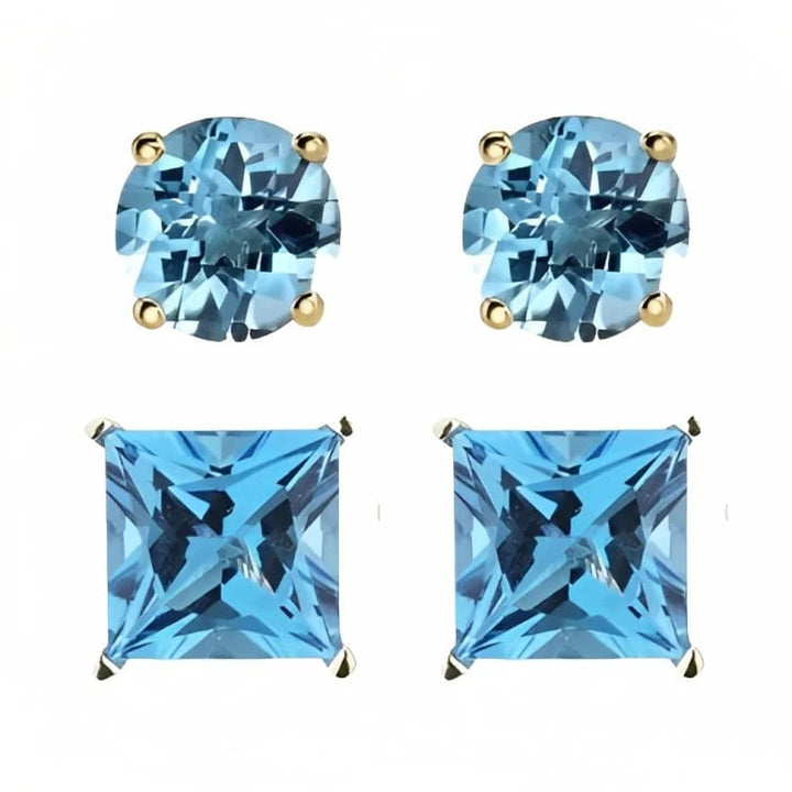 Paris Jewelry 18k Yellow Gold 2 Pair Created Blue Topaz 6mm Round and Princess Cut Stud Earrings Plated Image 2