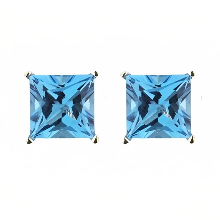 Paris Jewelry 18k Yellow Gold 2 Pair Created Blue Topaz 6mm Round and Princess Cut Stud Earrings Plated Image 4