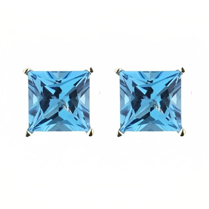 Paris Jewelry 18k Yellow Gold 2 Pair Created Blue Topaz 6mm Round and Princess Cut Stud Earrings Plated Image 4