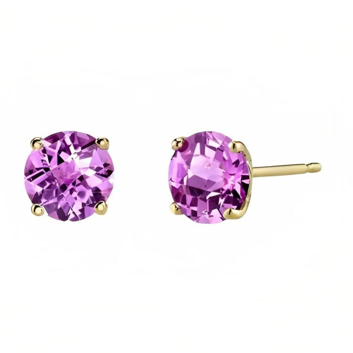 Paris Jewelry 18k Yellow Gold 2 Pair Created Pink Sapphire 6mm Round and Princess Cut Stud Earrings Plated Image 3