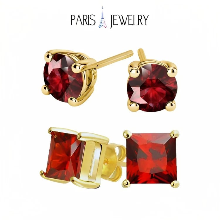 Paris Jewelry 18k Yellow Gold 2 Pair Created Ruby 6mm Round and Princess Cut Stud Earrings Plated Image 1