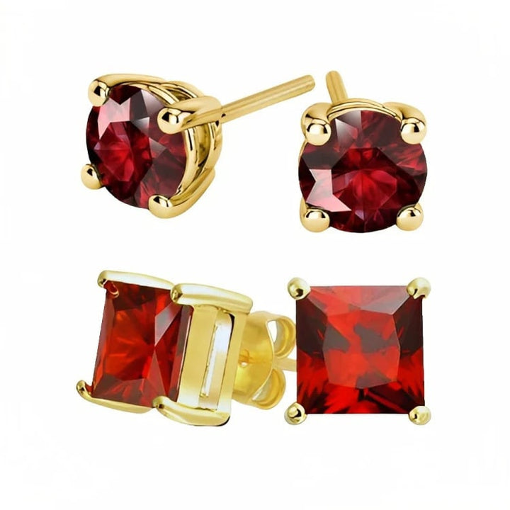 Paris Jewelry 18k Yellow Gold 2 Pair Created Ruby 6mm Round and Princess Cut Stud Earrings Plated Image 2