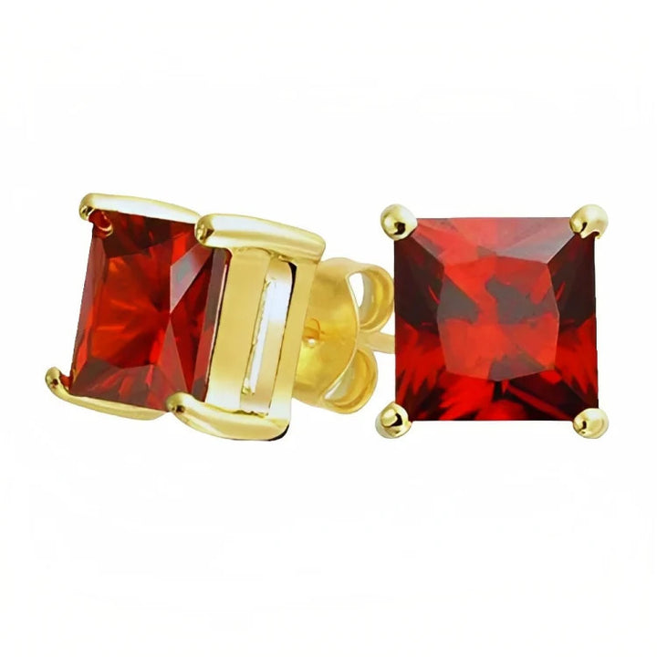 Paris Jewelry 18k Yellow Gold 2 Pair Created Ruby 6mm Round and Princess Cut Stud Earrings Plated Image 4