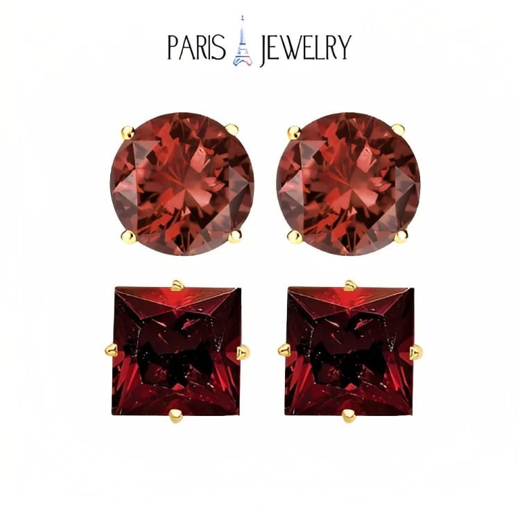 Paris Jewelry 18k Yellow Gold 2 Pair Created Garnet 6mm Round and Princess Cut Stud Earrings Plated Image 1